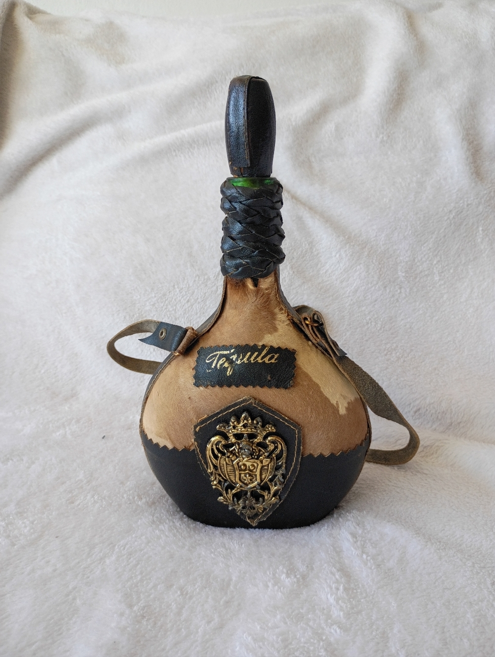 Vintage Leather & Cowhide Wrapped Decanter Green Glass Bottle